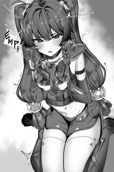 1girl absurdres bdsm blush bondage bound braid captured cuffs dazed defeat elbow_gloves fingerless_gloves gloves hair_between_eyes hair_ornament handcuffs highres long_hair looking_at_viewer midriff monochrome motion_lines navel police police_uniform qingyi_(zenless_zone_zero) restrained robot_girl saliva saliva_trail sitting solo sphere_hair_ornament stomach sweat takena-c thighs twin_braids twintails twitching wariza zenless_zone_zero