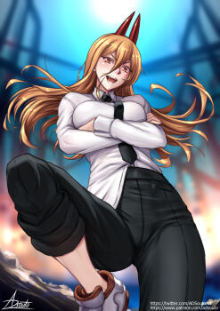 1girl adsouto black_necktie black_pants blonde_hair breasts chainsaw_man commentary crossed_arms english_commentary hair_between_eyes highres horns leg_up long_hair looking_at_viewer medium_breasts necktie open_mouth orange_eyes pants power_(chainsaw_man) sharp_teeth shirt signature solo standing standing_on_one_leg teeth variant_set white_shirt
