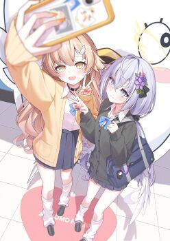 2girls absurdres alternate_costume alternate_hairstyle arm_up azusa_(blue_archive) bag black_choker black_shoes black_skirt blue_archive blue_bow blue_bowtie bow bowtie brown_hair choker closed_mouth collared_shirt commentary_request flower full_body grey_hair hair_flower hair_ornament hifumi_(blue_archive) highres jacket loafers long_hair long_sleeves looking_at_phone loose_socks multiple_girls open_clothes open_jacket open_mouth phone purple_eyes school_bag school_uniform selfie shirt shoes skirt smile socks standing teeth tyobis. upper_teeth_only v very_long_hair white_shirt white_socks wing_hair_ornament yellow_eyes