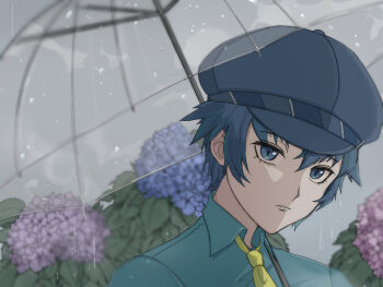 1girl blue_eyes blue_flower blue_hair blue_hat blue_shirt collared_shirt commentary eyelashes flower hair_between_eyes hat highres hydrangea necktie persona persona_4 purple_flower rain reverse_trap shirogane_naoto shirt short_hair solo spring_(season) transparent transparent_umbrella umbrella usa_(kawaii_152cm) yellow_necktie