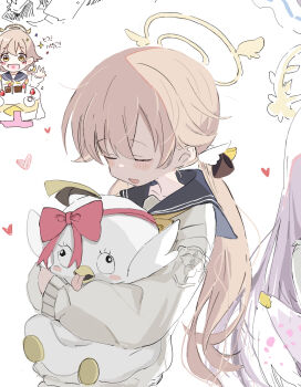 2girls :d angel_wings azusa_(blue_archive) backlighting birthday_cake black_sailor_collar blue_archive blush blush_stickers bow brown_hair cake candle character-themed_food character_cake character_doll character_name chibi chibi_inset closed_eyes commentary_request cropped doll feathered_wings food fruit hair_ornament halo happy_birthday heart heart_in_mouth hifumi_(blue_archive) hugging_doll hugging_object long_hair low_twintails multiple_girls open_mouth out_of_frame paint_chat_(medium) peroro_(blue_archive) purple_hair red_bow sailor_collar sanma_(tabet_) school_emblem school_uniform simple_background smile solo_focus strawberry sweater tongue tongue_out translation_request twintails u_u upper_body wall-eyed white_background white_sweater white_wings wing_hair_ornament winged_halo wings winter_uniform yellow_eyes yellow_halo