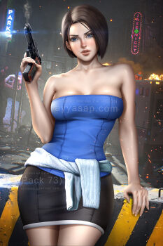 1girl artist_name ayya_sap black_skirt blue_eyes blue_tube_top breasts brown_hair clothes_around_waist gun handgun holding holding_gun holding_weapon jill_valentine miniskirt resident_evil resident_evil_3:_nemesis short_hair skirt smoke smoking_barrel strapless sweater sweater_around_waist tube_top watermark weapon