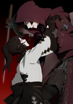 1other 2boys asahi_sas_brutus au_ra black_scales commission commissioner_upload fandaniel final_fantasy final_fantasy_xiv gloves grabbing_another&#039;s_arm hand_on_another&#039;s_back highres holding holding_sword holding_weapon hood horns hyur japanese_clothes katana kimono looking_at_another multiple_boys nozouko obi sash skeb_commission smuggestsage sword tail warrior_of_light_(ff14) weapon yukata