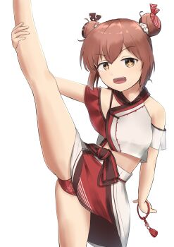 1girl absurdres blush boulder brown_eyes brown_hair commentary_request double-parted_bangs double_bun hair_between_eyes hair_bun haruno_plum highres holding_own_leg kantai_collection leg_up looking_at_viewer medium_hair midriff official_alternate_costume open_mouth panties red_panties red_skirt shirt short_sleeves sidelocks simple_background skirt solo sparkling_eyes split standing standing_on_one_leg standing_split tan_yang_(kancolle) tan_yang_(summer)_(kancolle) teeth two-tone_skirt underwear upper_teeth_only white_background white_shirt white_skirt yukikaze_(kancolle)