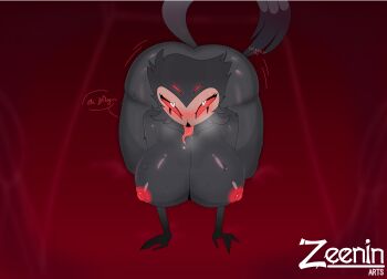 absurdres ahegao ass bird black_fur black_hair breasts collarbone feathers furry furry_female genderswap glowing glowing_eyes heart heart-shaped_pupils hellaverse helluva_boss highres kneeling large_areolae large_breasts red_eyes saliva shiny_skin steam stolas_(helluva_boss) sweat sweatdrop symbol-shaped_pupils tail tongue tongue_out zeenin