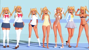 1girl 3d absurdres alternate_costume artist_request bare_legs bare_shoulders barefoot blonde_hair blue_buruma blue_eyes blush breasts buruma casual closed_mouth collarbone dark-skinned_female dark_skin detached_sleeves female_focus full_body futaba_lili_ramses gradient_hair groin gym_uniform high_heels highleg highleg_leotard highres leotard long_hair looking_at_viewer magical_girl multicolored_hair multiple_views nipples one-piece_swimsuit panties pointy_hair pussy revealing_clothes school_uniform see-through_clothes shiny_skin side-tie_panties skirt small_breasts swimsuit taimanin_(series) tentacle_and_witches thighs thong_leotard toned twintails two_side_up uncensored underwear