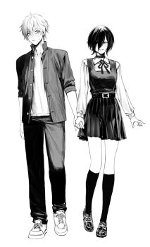 Rule 34 | 1boy, 1girl, black pants, buttons, chainsaw man, choker, collared shirt, commentary, denji (chainsaw man), fourth east high school uniform, grenade pin, hair between eyes, hair bun, hair over one eye, highres, long hair between eyes, madiix012, medium hair, pants, reze (chainsaw man), school uniform, sharp teeth, shirt, shirt tucked in, single hair bun, standing, symbol-only commentary, teeth, white shirt, wing collar