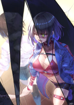 2girls @_@ bandeau belt black_hair black_shorts black_skirt blue_jacket blunt_bangs breasts chaos_zero_nightmare chest_harness choker cleavage collar collarbone commentary_request ear_piercing green_eyes hair_between_eyes harness highres holding_hands jacket large_breasts long_sleeves medium_hair midriff multicolored_hair multiple_girls navel one_eye_closed open_clothes open_jacket open_mouth piercing pleated_skirt purple_hair red_bandeau red_choker red_collar reflected_worlds shirt short_shorts shorts sidelocks signature skeletal_arm skindentation skirt smile solo_focus spaghetti_strap spiked_collar spiked_thigh_strap spikes standing strail_cycleman tears traumatized tressa_(chaos_zero_nightmare) two-tone_hair walking wavy_mouth white_shirt