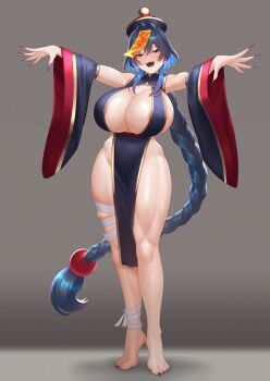 1girl absurdres alternate_costume areola_slip bandaged_leg bandages bare_legs barefoot black_hair blue_eyes blue_hair blush braid braided_ponytail breasts chinese_clothes cipher4109 cleavage colored_inner_hair commentary dress english_commentary fingernails full_body groin hair_intakes hat hat_ornament highres hololive hololive_english huge_breasts jiangshi jiangshi_costume lace-trimmed_sleeves lace_trim large_breasts long_fingernails long_hair long_sleeves long_toenails looking_at_viewer low_ponytail multicolored_hair ofuda ofuda_on_head open_mouth ouro_kronii outstretched_arms ponytail purple_hat qingdai_guanmao sharp_fingernails side_slit sideboob simple_background smile solo standing talisman tangzhuang thighs tiptoes toenails variant_set very_long_hair virtual_youtuber zombie_pose
