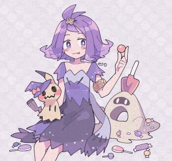 1girl :3 :p acerola_(pokemon) armlet blush_stickers candy dress flipped_hair food gen_7_pokemon grey_background hat highres jewelry looking_at_another looking_at_viewer mimikyu nintendo pokemon pokemon_(creature) pokemon_sm purple_dress purple_eyes purple_hair remoooon sand sandygast short_hair shovel simple_background sitting stitches tongue tongue_out topknot torn_clothes torn_dress trowel upper_body witch_hat