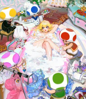 1girl 5boys absurdres alcohol bathing bathtub blonde_hair blue_toad_(mario) bottle clothed_male_nude_female clothes_hanger convenient_censoring crossed_legs crown cup cupcake dress drinking_glass food green_toad_(mario) highres jewelry macaron mario_(series) multiple_boys necklace nintendo nude partially_submerged pouring princess_peach purple_toad_(mario) red_toad_(mario) soap_bubbles soap_censor sweatdrop toad_(mario) unworn_headwear vest washing_another wet wine wine_bottle wine_glass yellow_toad_(mario) yeono0