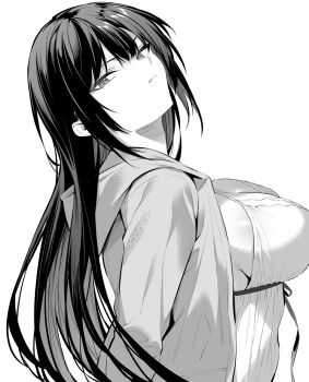 1girl breasts closed_mouth dress from_side greyscale haite_kudasai_takamine-san highres hiiragi_yuuichi jacket large_breasts long_hair looking_at_viewer monochrome ribbon solo takamine_takane upper_body