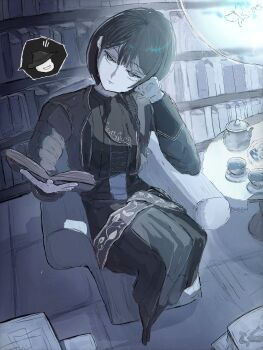 1girl absurdres alter_ego_(game) black_hair blue_butterfly book braid braided_ponytail bug butterfly collared_jacket collared_shirt cup elbow_rest es_(alter_ego) gloves grey_eyes hashtag-only_commentary highres holding holding_book insect jacket long_hair looking_at_viewer reading shirt single_braid sitting solo tea teacup teapot undershirt wakkuwakudane white_gloves