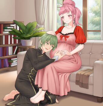 1boy 1girl absurdres barefoot bookshelf breasts couch couple curtains earrings fire_emblem fire_emblem:_three_houses fire_emblem_warriors:_three_hopes green_eyes green_hair hair_bun hand_on_another's_head hand_on_another's_stomach hetero highres hilda_valentine_goneril hoop_earrings husband_and_wife indoors jewelry kneeling large_breasts living_room male_byleth_(awakened)_(fire_emblem) male_byleth_(enlightened_one)_(fire_emblem) male_byleth_(fire_emblem) nintendo on_couch pink_eyes pink_hair plant potted_plant pregnant puffy_short_sleeves puffy_sleeves redkite333 ring shadow short_hair short_sleeves single_hair_bun sitting toes wedding_ring