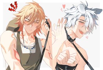 Rule 34 | 2boys, absurdres, animal ears, antenna hair, arm tattoo, black collar, black overalls, blonde hair, blue eyes, blush, bound, bound wrists, braid, chest tattoo, collar, commentary request, dog boy, dog ears, facial tattoo, gradient hair, hat, highres, holding, holding leash, honkai: star rail, honkai (series), jujeop, korean commentary, leash, male focus, medium hair, multicolored hair, multiple boys, mydei (honkai: star rail), overalls, parted bangs, phainon (honkai: star rail), pov, red hair, red tattoo, short hair, side braid, tank top, tattoo, topless male, unworn hat, unworn headwear, viewer on leash, white hair, white tank top, yaoi, yellow eyes