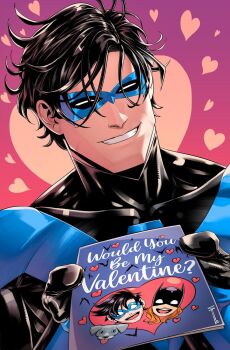 Rule 34 | 1boy, 1girl, batgirl, batman (series), black hair, bodysuit, comic cover, dc comics, eye mask, highres, mask, messy hair, muscular, muscular male, nightwing, sergacuna, smile, superhero costume, upper body