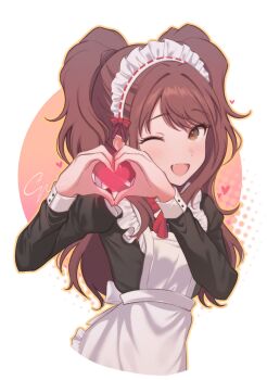 1girl ;d apron black_dress brown_eyes brown_hair commentary cynic_(cynic2324) dress english_commentary heart heart_hands highres kujikawa_rise long_hair long_sleeves looking_at_viewer maid maid_apron maid_headdress mixed-language_commentary one_eye_closed open_mouth persona persona_4 smile solo twintails