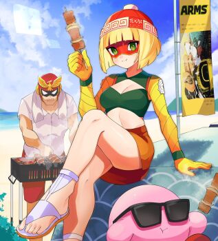 1boy 1girl :t arms_(game) beanie black-framed_eyewear blonde_hair blunt_bangs breasts captain_falcon cleavage closed_mouth cloud commentary_request cooking day domino_mask eating eye_mask f-zero flag food green_eyes grill grilling hat helmet highres holding katwo kirby kirby_(series) legs looking_at_viewer mask min_min_(arms) nintendo outdoors red_headwear red_shorts sandals shirt shish_kebab short_hair short_sleeves shorts skewer sky sunglasses sunglasses_removed super_smash_bros. towel towel_around_neck unworn_eyewear upshorts white_shirt