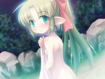 1girl bare_shoulders bathing blush bow breasts closed_mouth completely_nude cowboy_shot curtained_hair elf from_behind green_eyes green_hair hair_bow holding holding_towel juusha-chan_to_yaya_zannen_na_yuusha_no_hanashi juusha_(juusha-chan_to_yaya_zannen_na_yuusha_no_hanashi) leaf long_hair looking_at_viewer looking_back night nipples nude onsen outdoors partially_submerged pointy_ears ponytail red_bow rock shoulder_blush sidelocks small_breasts solo standing steam third-party_source towel water yoshi_(crossmind)