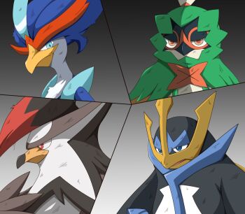 beak bird blue_eyes blue_feathers blue_fur closed_mouth damaged decidueye dirty empoleon feathers furry gen_4_pokemon gen_7_pokemon green_feathers highres inahon485 looking_at_viewer nintendo no_humans open_mouth orange_eyes owl penguin pokemon pokemon_(creature) quaquaval split_screen staraptor white_feathers yellow_eyes
