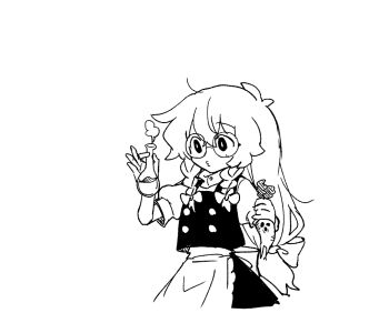 Rule 34 | 1girl, apron, bespectacled, bow, braid, flask, glasses, hair bow, holding, holding flask, kirisame marisa, kumanou22, long hair, mandragora, missing headwear, o3o, potion, puffy short sleeves, puffy sleeves, round-bottom flask, short sleeves, side braid, single braid, skirt, solo, touhou, very long hair, waist apron
