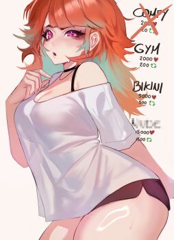 Rule 34 | 1girl, absurdres, alternate costume, blush, breasts, cleavage, gradient hair, green hair, highres, hololive, hololive english, large breasts, looking at viewer, medium hair, multicolored hair, open mouth, orange hair, purple eyes, shirt, solo, suliavtuber, takanashi kiara, two-tone hair, virtual youtuber, white shirt