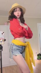 1girl animated ass blush bouncing_ass bouncing_breasts breasts brown_eyes brown_hair cosplay denim denim_shorts female_focus grabbing_own_breast hat highres indoors jewelry jiggle long_hair long_sleeves looking_at_viewer looking_back matching_hair/eyes miamiaxof monkey_d._luffy monkey_d._luffy_(cosplay) navel necklace nipples no_panties on/off one_piece open_clothes open_shirt petite phone photo_(medium) real_life red_lips red_shirt sash shirt shorts small_breasts solo straw_hat tagme undressing v video yellow_sash