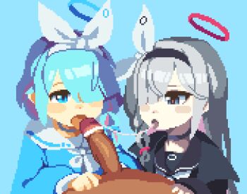1boy 2girls animated animated_gif arona_(blue_archive) bar_censor black_coat black_hairband black_sailor_collar black_serafuku blinking blue_archive blue_background blue_choker blue_eyes blue_halo blue_pupils blue_serafuku censored choker coat colored_inner_hair cooperative_fellatio erection fellatio ffm_threesome grey_eyes grey_hair group_sex hair_over_one_eye hairband halo hetero loli long_hair long_sleeves looping_animation multicolored_hair multiple_girls neckerchief open_mouth oral osimder penis pink_hair pink_halo pixel_art plana_(blue_archive) pov red_pupils sailor_collar saliva saliva_trail school_uniform serafuku short_hair simple_background teamwork_(sexual) threesome white_hairband white_neckerchief white_sailor_collar