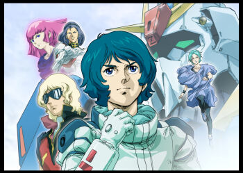 1980s_fashion 1990s_(style) 2girls 3boys aeug aqua_hair artist_request blonde_hair blue_eyes blue_hair char_aznable four_murasame gun gundam haman_karn highres kamille_bidan machine_gun machinery mecha mecha_pilot_suit mobile_suit multiple_boys multiple_girls official_art paptimus_scirocco pink_hair purple_hair reaching reaching_towards_viewer retro_artstyle robot running_towards_viewer scan science_fiction serious sunglasses titans_(gundam) traditional_media v-fin weapon zeta_gundam zeta_gundam_(mobile_suit)
