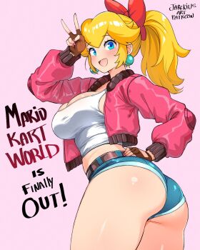 1girl ass blonde_hair blue_eyes blue_shorts bow breasts denim denim_shorts earrings fingerless_gloves gloves hair_bow highres jacket jarckius jewelry long_hair looking_at_viewer mario_(series) mario_kart mario_kart_world nintendo open_clothes open_jacket open_mouth partially_open_jacket pink_bow pink_jacket ponytail princess_peach princess_peach_(touring) shiny_skin shirt short_shorts shorts solo sphere_earrings v