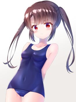 1girl absurdres arms_behind_back bare_shoulders blush breasts brown_hair closed_mouth collarbone commentary_request covered_navel cowboy_shot getsuyoshi gluteal_fold highres long_hair looking_at_viewer old_school_swimsuit one-piece_swimsuit ongeki red_eyes school_swimsuit shinonome_tsumugi_(ongeki) sidelocks small_breasts solo standing striped_background swimsuit thigh_gap twintails white_background