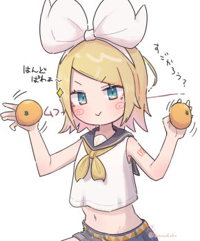 2girls :&gt; aqua_eyes artist_name bare_shoulders belt blonde_hair blush_stickers bow commentary_request doodle_inset flat_chest groin hair_ornament hairband hatsune_miku highres kagamine_rin looking_at_viewer magic_trick midriff motion_lines multiple_girls neckerchief no_nose number_tattoo parted_bangs sailor_collar short_hair shorts simple_background smug sparkle tattoo treble_clef v-shaped_eyebrows vocaloid white_background white_bow white_hairband yasuno-labo yellow_neckerchief