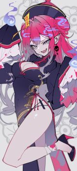 1girl absurdres baobhan_sith_(fate) breasts china_dress chinese_clothes cleavage dress fate/grand_order fate_(series) grey_eyes hat highres jiangshi_costume large_breasts long_hair long_sleeves looking_at_viewer ofuda open_mouth pink_hair pointy_ears qingdai_guanmao ragnal smile solo textless_version