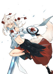 Rule 34 | 1girl, absurdres, animal ears, arm shield, bare shoulders, black skirt, chest sarashi, closed mouth, commentary request, crop top, cropped shirt, detached sleeves, foot out of frame, grey hair, grey tail, hair between eyes, hat, highres, holding, holding sword, holding weapon, inubashiri momiji, jumping, kakaricho dairi, leaf, leg up, long hair, long sleeves, looking to the side, maple leaf, midriff, navel, orange eyes, pom pom (clothes), red footwear, red ribbon, red skirt, ribbon, sandals, sarashi, serious, shield, shirt, simple background, skirt, sleeve garter, sleeveless, sleeveless shirt, solo, sword, tail, tokin hat, touhou, turtleneck, weapon, white background, white shirt, white sleeves