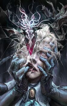 2boys bloodborne crack cracked_glass glass hashtag-only_commentary highres horror_(theme) michory moon_presence_(bloodborne) multiple_boys