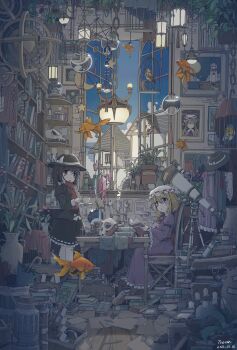 2girls :o absurdly_detailed_composition absurdres alternate_uniform artist_name ascot bird bird_request black_hat black_skirt black_umbrella blonde_hair blue_umbrella blush book bookshelf bow box brown_coat brown_eyes brown_hair cage candle candlestand chain chair chinese_commentary clothes_hanger cloud coat collared_dress crescent cross cup dated dress fedora fish flask floating_animal flower flower_request frilled_dress frilled_skirt frills gap_(touhou) gohei goldfish grass hair_between_eyes hair_bow hair_ribbon hat hat_bow hexagram highres holding holding_book holding_cup holding_plate house lantern lighthouse loaded_interior long_dress long_hair long_sleeves looking_at_viewer maribel_hearn messy_room mob_cap moon multiple_girls mushroom necktie open_mouth open_window painting_(object) paper pen pentagram picture_frame plant plate potion potted_plant purple_dress purple_eyes red_ascot red_ribbon red_scarf red_umbrella ribbon ribbon-trimmed_headwear ribbon_trim scarf scenery short_hair sitting skirt skull sleeve_cuffs sleeve_garter standing star_(symbol) teapot telescope touhou tseum umbrella unworn_clothes unworn_hat unworn_headwear unworn_necktie usami_renko vase white_bow white_hat wide_sleeves window yakumo_yukari