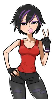 absurdres big_hero_6 chewing_gum colored_tips eyeliner fingerless_gloves gloves gogo_tomago highres leggings makeup multicolored_hair n_k_m non-web_source short_shorts shorts tank_top torn_clothes