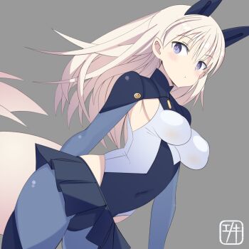 1girl :o alice_gear_aegis animal_ears black_skirt blush breasts commentary_request eila_ilmatar_juutilainen enoki_p feet_out_of_frame fox_ears fox_girl green_eyes grey_background highres impossible_clothes long_hair looking_at_viewer medium_breasts navel pantyhose purple_eyes simple_background skirt solo standing strike_witches world_witches_series