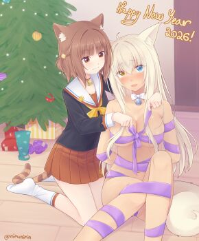 2girls absurdres animal_ear_fluff animal_ears azuki_(nekopara) cat_ears cat_girl cat_tail christmas christmas_tree coconut_(nekopara) commentary english_commentary english_text gift gift_wrapping happy_new_year highres multiple_girls naked_ribbon nekopara new_year nirunirin original pink_ribbon ribbon tail wrapped_up