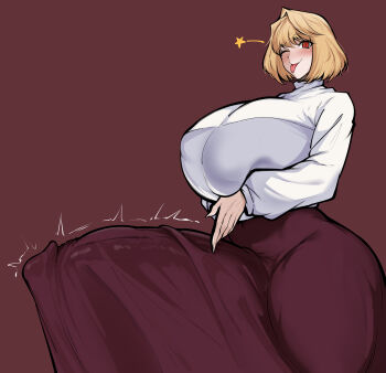:p absurdres alternate_body_size alternate_breast_size_(larger) arcueid_brunestud arms_under_breasts ass blonde_hair breasts bulge commentary fang fingernails futanari gigantic_breasts hair_between_eyes hair_intakes highres huge_ass large_penis long_skirt looking_at_viewer melty_blood_arcueid_figure_(meme) meme one_eye_closed owner1657 penis purple_skirt sharp_fingernails short_hair skirt smile solo sweater symbol-only_commentary thick_thighs thighs tight_clothes tongue tongue_out tsukihime turtleneck turtleneck_sweater white_sweater wide_hips