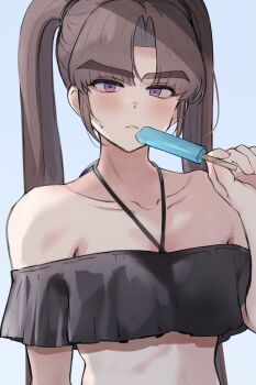 1boy ayase_ayato_(imamiya_pinoko) bare_shoulders bikini black_bikini blush closed_mouth collarbone crossdressing food highres holding holding_food holding_popsicle imamiya_pinoko long_hair looking_at_viewer male_focus original parted_bangs popsicle solo sweatdrop swimsuit thick_eyebrows trap twintails upper_body