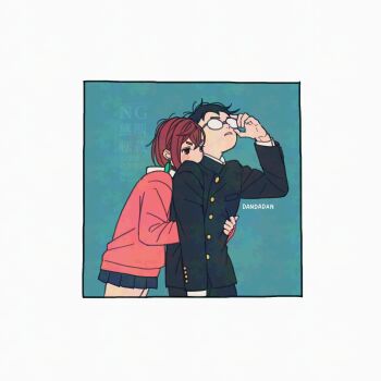 1boy 1girl adjusting_eyewear adversarial_noise aqua_background ayase_momo black_hair black_jacket black_pants blue_sky blush border breasts brown_hair collared_shirt commentary_request copyright_name couple crossed_bangs dandadan earrings furrowed_brow gakuran glasses gold_buttons hetero highres hug hug_from_behind jacket jewelry k_ysd001 medium_breasts pants parted_lips pink_sweater pleated_skirt round_eyewear school_uniform shirt short_hair skirt sky sweater takakura_ken_(dandadan) upper_body white_border white_shirt