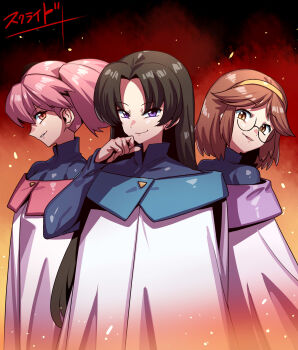 3girls black_hair brown_hair character_request closed_mouth glasses highres long_hair looking_at_viewer multiple_girls pink_hair short_hair smile tukiwani