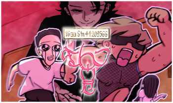 Rule 34 | 1girl, 3boys, black eyes, black hair, black pants, black shirt, commentary request, feet out of frame, fishnet top, fishnets, highres, hirano gengorou, kimura (coat corp.), male focus, manatsu no yo no inmu, muimui (4242564muimui), multiple boys, niconico id, open mouth, pants, running, shaded face, shirt, sleeveless, sleeveless shirt, smile, sunglasses, t-shirt, takuya (acceed), the ring, translation request, white shirt, yamamura sadako