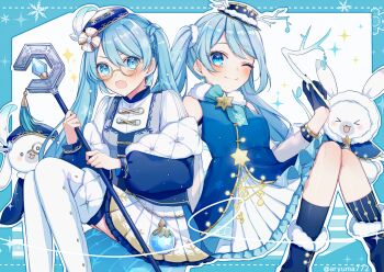 &gt;_&lt; 2girls 2others animal_ears aqua_eyes aqua_hair aqua_trim aryuma772 black_gloves black_socks blue_dress blue_trim blush closed_mouth dress glasses gloves hair_between_eyes hair_ornament hat hatsune_miku highres holding holding_staff jacket long_hair long_sleeves looking_at_viewer monocle multiple_girls multiple_others one_eye_closed open_mouth pleated_skirt rabbit_ears rabbit_yukine skirt smile socks staff thighhighs twintails twintails_with_hair_base twitter_username very_long_hair vocaloid white_skirt white_thighhighs yuki_miku yuki_miku_(2025) yuki_miku_(2025)_(candidate_no.4)