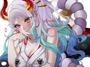 Rule 34 | 1girl, akaakasa0215, blue hair, blush, club, club (weapon), commentary, earrings, fingernails, glint, green hair, hair ornament, hakama, highres, hoop earrings, horns, japanese clothes, jewelry, kanabou, kimono, long fingernails, one piece, ponytail, red hakama, red nails, rope, shimenawa, sidelocks, sleeveless, sleeveless kimono, smile, solo, weapon, white background, white hair, white kimono, yamato (one piece)