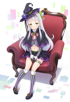 >:) 1girl alternate_legwear arched_bangs between_legs black_capelet black_gloves black_hat black_shoes black_skirt blush bow bowtie brooch capelet closed_mouth commentary_request cone_hair_bun couch cropped_shirt full_body gloves grey_hair grey_shirt grey_socks groin hair_bun hair_ornament hairband hand_between_legs haniwa_(leaf_garden) hat highres hololive jewelry kneehighs layered_capelet loafers long_hair long_sidelocks long_sleeves looking_at_viewer lowleg lowleg_skirt midriff miniskirt murasaki_shion murasaki_shion_(1st_costume) navel on_couch pink_bow pink_bowtie purple_capelet shirt shoes side_up_bun sidelocks single_side_bun sitting skirt smile socks solo star_brooch striped_clothes striped_shirt striped_socks thighlet tilted_headwear triangle_hair_ornament v-shaped_eyebrows v_arms vertical-striped_clothes vertical-striped_shirt vertical-striped_socks virtual_youtuber witch witch_hat
