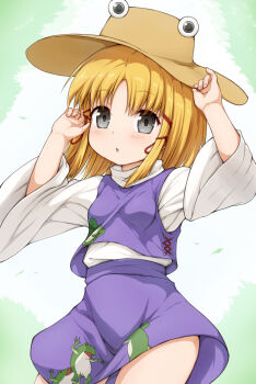 1girl animal_print blonde_hair blush breasts brown_hat bush commentary_request cowboy_shot fingernails frog_print grey_eyes hair_ribbon hands_up hat haty long_sleeves looking_at_viewer moriya_suwako open_mouth purple_skirt purple_vest red_ribbon ribbon shirt short_hair skirt skirt_set small_breasts solo touhou turtleneck turtleneck_shirt vest white_background white_shirt wide_sleeves