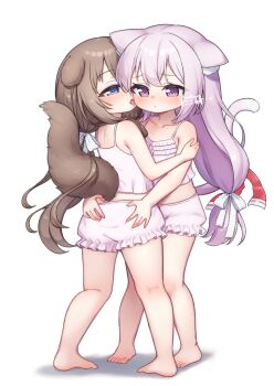 2girls animal_ear_fluff animal_ears azur_lane barefoot bloomers blue_eyes brown_hair camisole cat_ears cat_girl cat_tail commentary_request commission cosplay dog_ears dog_girl dog_tail fumizuki_(azur_lane) fumizuki_(azur_lane)_(cosplay) fumizuki_(sleepy_fairy)_(azur_lane) highres kisaragi_(azur_lane) kodomo_doushi kokone_(coconeeeco) legs licking loli long_hair low_twintails matching_outfits multiple_girls paid_reward_available ribbon skeb_commission tail toes tongue tongue_out twintails underwear underwear_only white_background white_bloomers white_camisole yuri