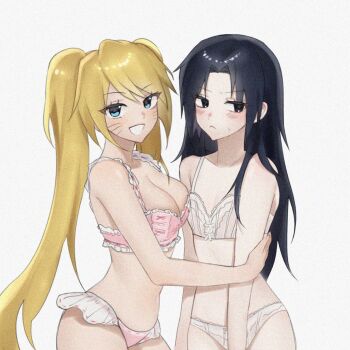 Rule 34 | 2girls, :<, black eyes, black hair, blonde hair, blue eyes, blush, bra, breasts, cleavage, facial mark, genderswap, genderswap (mtf), highres, hug, lingerie, long hair, looking to the side, multiple girls, naruko (naruto), naruto (series), panties, sexy no jutsu, simple background, twintails, uchiha sasuke, underwear, user znpm8485, whisker markings, white background, yuri